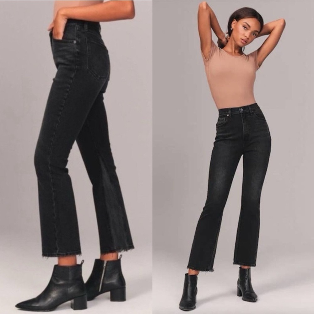 abercrombie & fitch | black high rise kick flare raw hem jeans